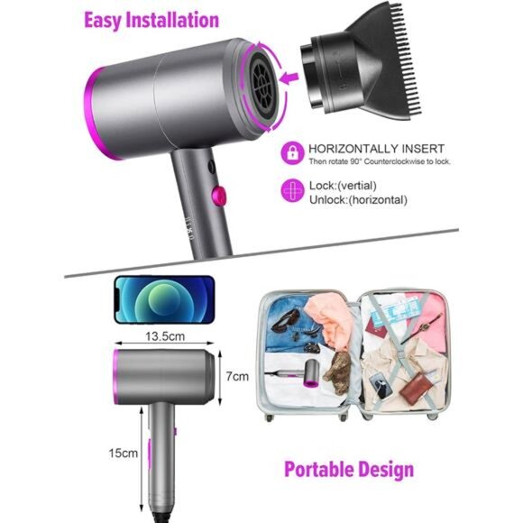 Ionic Hair Dryer, Professional Hair Blow Dryer Hot/Cold Air, 1800W Powerful AC - Picture 7 of 8